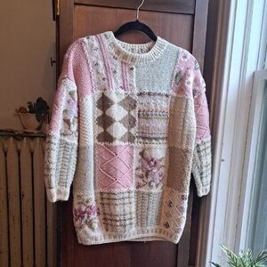 Laura Ashley Vintage Size S Pastel Patchwork Wool Chunky Knit Sweater
